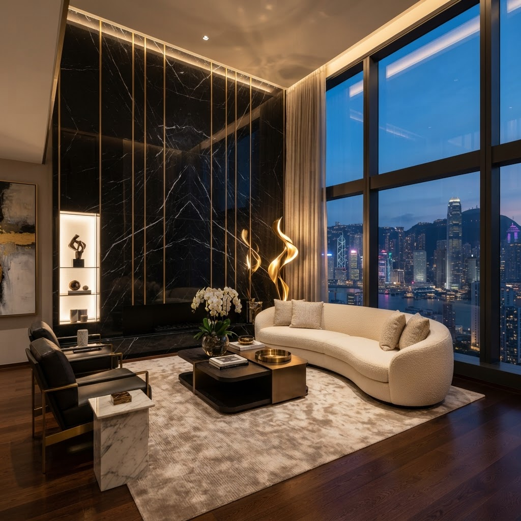 Luxury living room with black marble feature wall, gold inlays and city skyline view